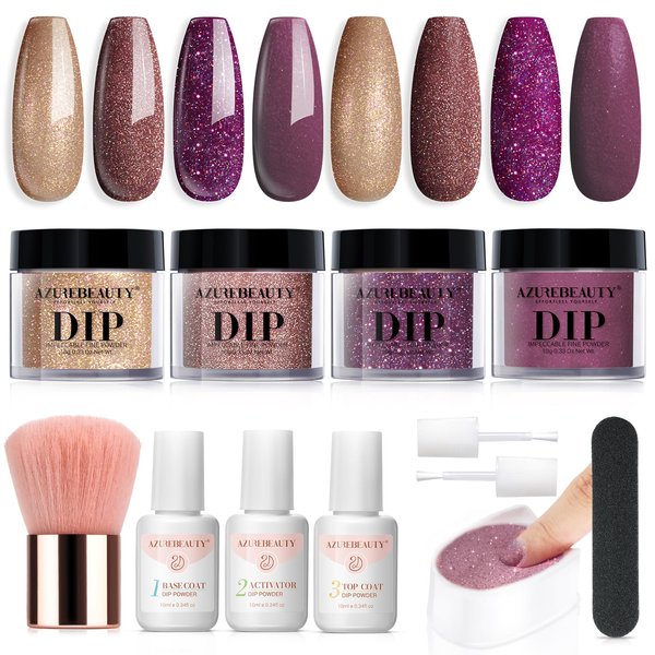 AZUREBEAUTY Dip Powder Nail Kit, 4 Colors Brown Purple Glitter Dipping Powder Starter Liquid Set Recycling Tray with Base & Top Coat Activator for French Nail Art Manicure Salon DIY at Home