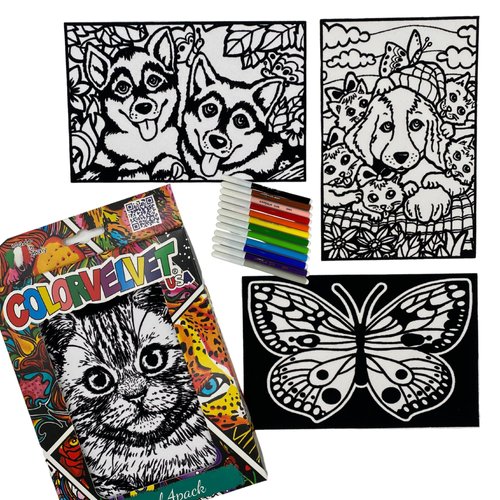 4 Pack Velvet Coloring Posters- Young Kids- Arts & Craft Kit Includes a Cat, Puppies, Butterfly, Kittens and 12 Felt Tip Markers- Ideal for Travel- Boys and Girls 3+