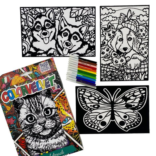 4 Pack Velvet Coloring Posters- Young Kids- Arts & Craft Kit Includes a Cat, Puppies, Butterfly, Kittens and 12 Felt Tip Markers- Ideal for Travel- Boys and Girls 3+
