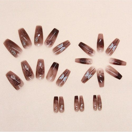 Hkanlre Dark Red Press on Nails French Coffin Fake Nails Tips Full Cover Butterfly Medium False Nails for Women and Girls 24PCS