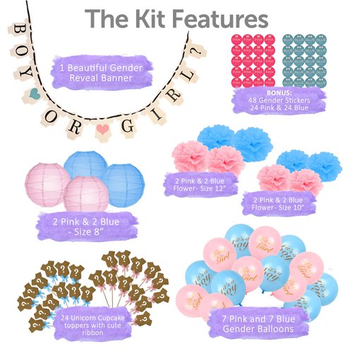 Gender Reveal Party Supplies (99 Pieces) Baby Shower Decorations Set with Bonus Including Cupcake Topper Special Banner Gender Reveal Balloons Paper Flowers Paper Lanterns & Free Sticker