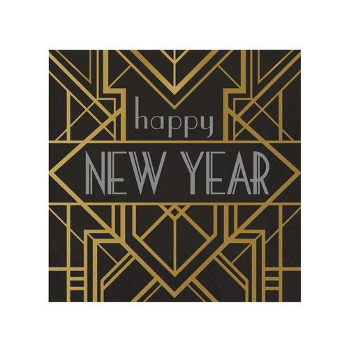 Creative Converting 346109 Happy New Year Lunch Paper Napkins, Black/Gold, 6.5", 16 Ct.