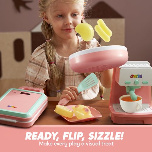 Play Kitchen Toys with Realistic Lights& Sounds, Pretend Play Toy Set for Girls Boys, Color Changing Breakfast Play Set, Christmas Birthday Gift for Kids, Pink