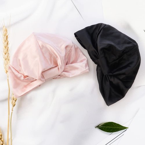 AEVBSOY 2 Pack Adjustable Knotted Turban Hat Satin Sleep Caps Silk Night Bonnet with Elastic Stay On Head Satin Night Sleep Bonnet Silk Bonnet Double Layer Sleep Cap for Women Hair Care Sleep Black