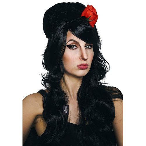 ALLAURA Amy Black Beehive Wig + Red Flower — Black Bouffant Beehive Wigs Long Black Wig Curly 90s Costume Wigs For Women & Girls Vampire Costume — Compatible with Amy Winehouse Wig