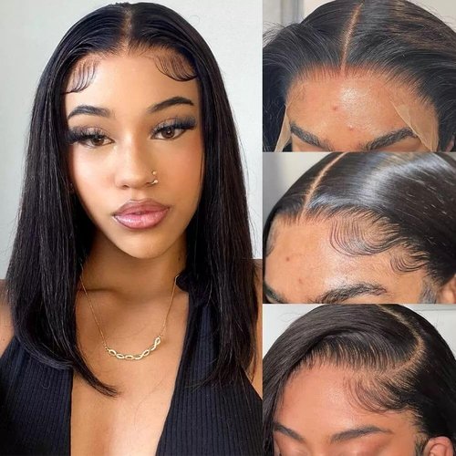 YesJYas Bob Wig Human Hair Straight Bob 13x4 HD Lace Front Wigs Human Hair Pre Plucked 180% Density Straight Bob Lace Front Wig Short Bob Wigs Glueless Bob Wig Natural Color(16 Inch)