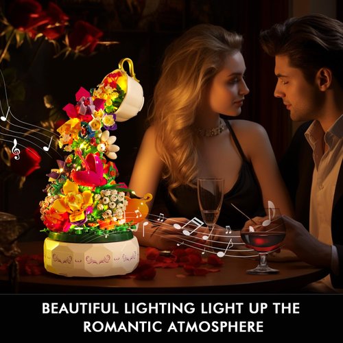 HOGOKIDS Flowers Music Box Building Block Kit with Light- 571PCS Mother's Day Decoration Rotating Music Box Building Blocks Set | Botanical Collection Birthday Gift for Girls Boys Adults Kids Ages 6+