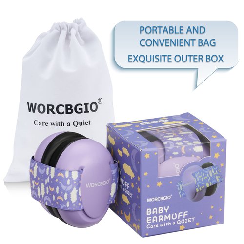WORCBGIO Infant Ear Protection Noise Cancelling Baby Ear Muffs, Toddler Hearing Protection with Adjustable Elastic Headband (Moon,Purple