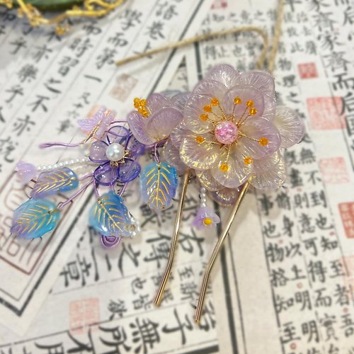 Rabithenn Purple Camellia Flower Pearl Tassels Chinese Hanfu and Style Retro Flower with Metal Handmade Hair Clip Hair Accessories for Women Girls Long Hair (Purple Camellia)
