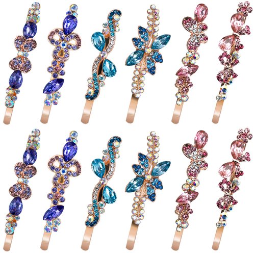 12 Pcs Vintage Crystal Hair Pins Bobby Pins Decorative Hair Pins Fancy Hair Clip for Women Girls 3 Colors 6 Styles Rhinestone Hair Pins. (12pcs)