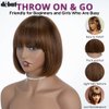 DÉBUT Short Bob Straight Wigs with Bangs Ombre Brown Brazilian Virgin Human Hair Glueless Non Lace Front Bob Wigs 8 Inches