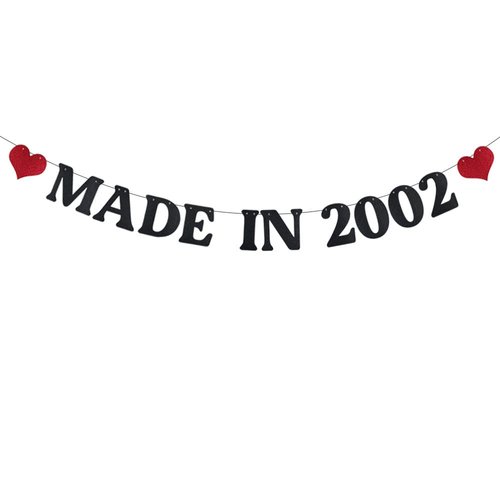 ABCpartyland Black Glitter Paper Made in 2002 Banner,Funny 22nd Birthday Party Decorations Supplies, Pre-Strung,Letters Black,MADE IN 2002