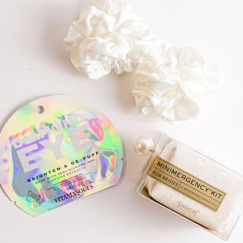Generic Bride Gift Box - Bride to Be Gift Set for Bridal Shower, Engagement Party, Bachelorette Party, Wedding Shower - White Silk Sateen Hair Scrunchies, Diamond Eye Mask, Bride Emergancy Kit