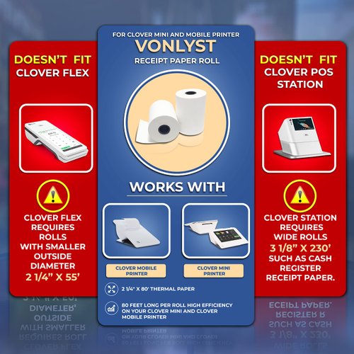 Vonlyst Receipt Paper for Clover Mini and Clover Mobile Thermal Printer 2 1/4 x 80 (10 rolls)
