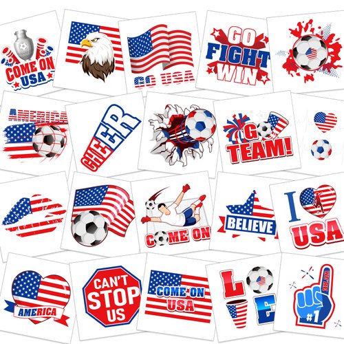 HOWAF 60pcs USA Soccer Temporary Tattoos for America Tournament 2024 Soccer Match Decoration, American Flag Face Tattoos Stickers for America 2024 Soccer Match Fans Group Events Supplies