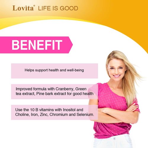 Lovita B Complex Supplement for Women - High Potency Timed Release with Iron, Vitamin C, Cranberry, Pine Bark, Green Tea, 30 Vegetarian Tablets