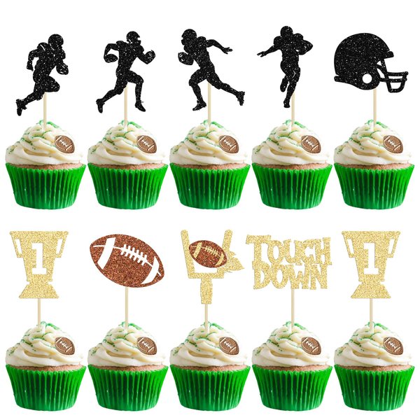 36Pcs Rugby Ball Cupcake Toppers Glitter Trophy American Football Cupcake Picks Touchdown Player Cake Decorations for Super Bowl Rugby Sports Theme Baby Shower Kids Birthday Party Supplies