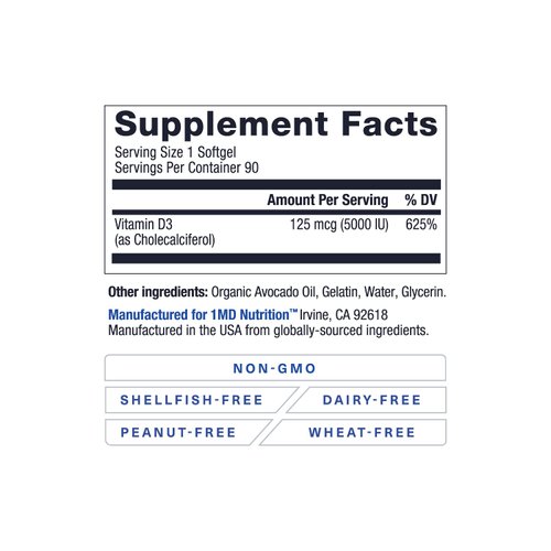 1MD Nutrition Vitamin D3 5000 IU Softgels | Bone Health, Muscle Function, & Immune Support | Gluten Free and Non-GMO with Organic Avocado Oil | 3-Month Supply