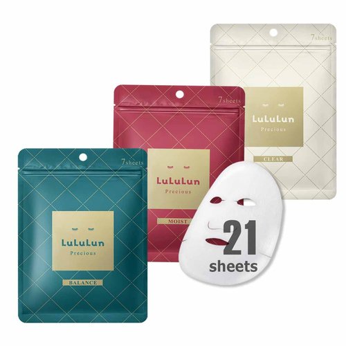 Lululun 21pc Facial Mask Sheet for Daily Use, Japanese Organic & Natural Anti-aging Face Skincare, Moisturizing & Hydrating Face Sheet Mask for Dry & Damaged Skin & Daily Use, PRECIOUS Series Set
