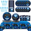 gisgfim Video Game Party Supplies Tableware Set for 24 Guests Gaming Party Birthday Plates Blue Gamer Party Decorations Includes Plates, Napkins, Tablecloths