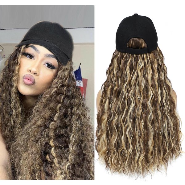 Yunkang Baseball Cap Wig Natural Wavy Hair Extensions With Hat attached Heat Resistant Synthetic Adjustable Hat Wig for Women Girls (Mix brown blonde, 22inch)
