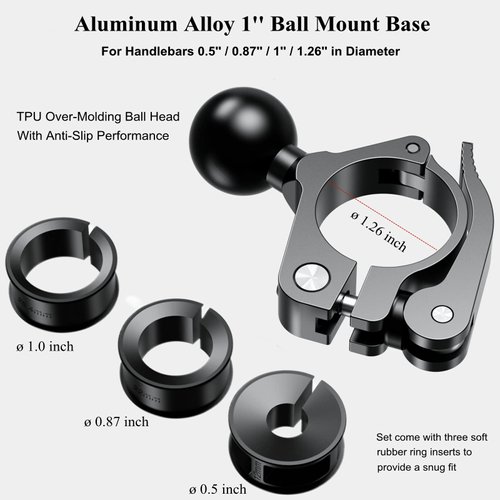 BRCOVAN Aluminum Alloy Handlebar Clamp Mount Base with 1'' TPU Ball for Rail Diameter 0.5'' 0.87'' 1'' 1.26'', Compatible with RAM Mounts B Size 1 Inch Ball Double Socket Arm, Tool-Less Installation