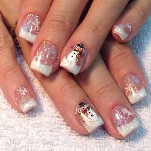 24Pcs Short French Tip Press on Nails Christmas Fake Nails with Snowmen Snowflake Glitter Designs Winter False Nails Glossy White Nail Tips Glue on Nails for Women DIY Christmas Acrylic Nails