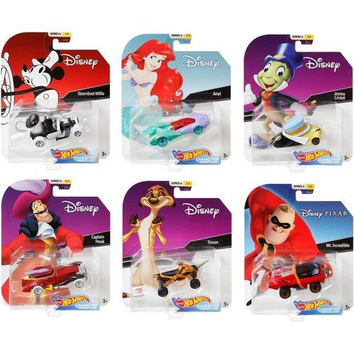 Hot Wheels Set of 6 Disney/Pixar Character Cars, Series 6, 1/64 Collectible Die Cast Toy Cars, with Steamboat Willie, Ariel, Jiminy Cricket, Captain Hook, Timon and Mr. Incredible