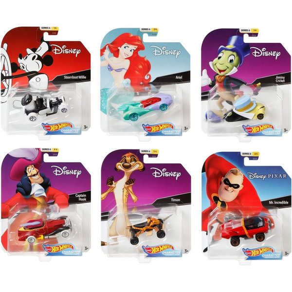 Hot Wheels Set of 6 Disney/Pixar Character Cars, Series 6, 1/64 Collectible Die Cast Toy Cars, with Steamboat Willie, Ariel, Jiminy Cricket, Captain Hook, Timon and Mr. Incredible