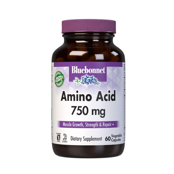 Bluebonnet Nutrition Amino Acid 750mg, High Potency, for Muscle Health*, Soy-Free, Gluten-Free, Non-GMO, Kosher Dairy, White 60 Vegetable Capsules, 15 Servings