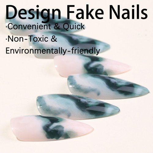 Green Marble Press on Nails Long Almond Fake Nails Mirror Acrylic Nails with Glue on Nails Full Cover Reusable Stick on Nails for Women DIY Charm Manicure