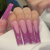 Glitter French Tip Press on Nails Long Square Fake Nails Purple Glitter Tip Design Artificial Nails Frosted Pink Glue on Nails Coffin False Nails Reusable Stick on Nails Acrylic Nails for Women 24Pcs