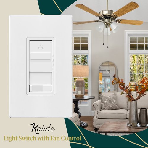TOPGREENER Kalide Light Switch and 3-Speed Ceiling Fan Control Combo, in Wall Light and Fan Combination Switch, Single Pole, 2.5A, 720W, Neutral Wire Not Required, TGSFS3-W, White