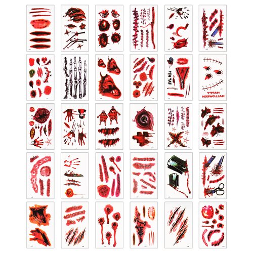 30 Sheets Halloween Scar Tattoo Stickers, Horror Bloody Wound Temporary Tattoo Waterproof Realistic Tattoo Stickers for Kids Men Women Zombie Cosplay Party Decoration (Style 2)