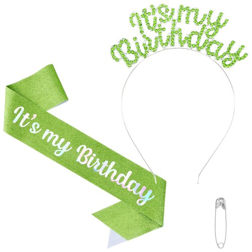 BAHABY Birthday Crowns Set - Princess Rhinestone Tiara, Birthday Sash & Headband for Women and Girls - Green