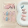 Press on Nails Short Fake Nails with Marble Designs Coffin Acrylic Nails Press ons Summer Glossy Glue on Nails Light Blue Full Cover Artificial Stick on Nails for Women 24Pcs
