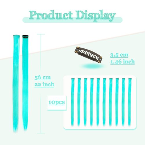 Sofeiyan 10 Pcs Colored Hair Extensions Party Highlights Colorful Clip in Hair Extensions 22 Inch Straight Synthetic Hairpieces for Women Kids Girls Halloween Christmas Cosplay, 10pcs Turquoise