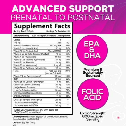 Women's Prenatal Multivitamin with Folic Acid & DHA, Prenatal Vitamins w/ Folate, Omega 3, Vitamins D3, B6, B12 & Iron, Pregnancy Support Prenatal DHA Supplement, Non-GMO Gluten Free - 120 Softgels