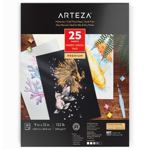 ARTEZA Mixed Media Sketchbook, 9x12 Inches, 25 Sheets, 122lb, Cold-Press, Toned Mixed Media Paper, White, Cream, Light Gray, Gray, and Black