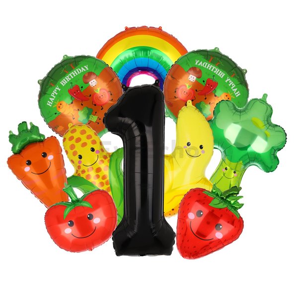 EvoEcho 10Pcs Dancing Fruits Vegetables Mylar Balloons First Birthday Decorations 40 Inch Black Number 1 Aluminum Foil Helium Balloon Sensory Fruit Party Supplies for Kids
