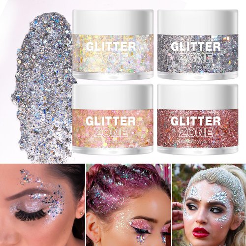 4Pcs Holographic Body Glitter Gel for Body, Face, Hair and Lip.Color Changing Glitter Gel Under Light,1.35 oz/Pcs (5#6#7#8#)