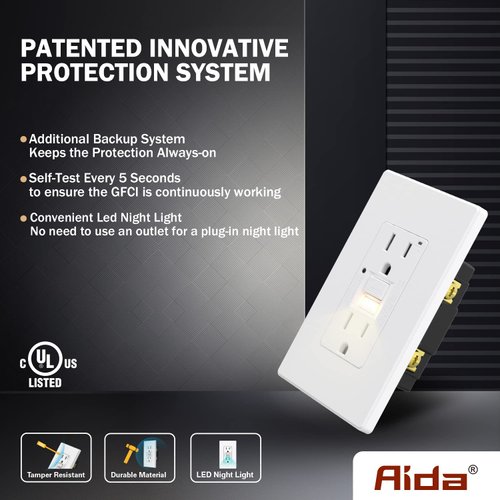 AIDA15 Amp GFCI Outlet, Self-Test Nightlight Electrical Outlet, Tamper-Resistant Receptacle with LED Indicator, Ground Fault Circuit Interrupters, Wall Plate Included, UL Listed (1 Pack, Matte White)