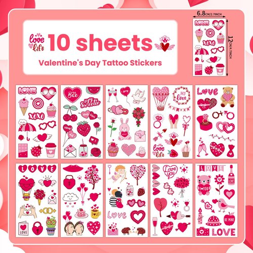 EMOME 120 Styles Valentines Day Temporary Tattoo for Kids Women, Cupid Heart Tattoo Stickers for Girls, Kiss Heart Tattoos Temporary for Party Favors Supplies Decorations (10 Sheets)