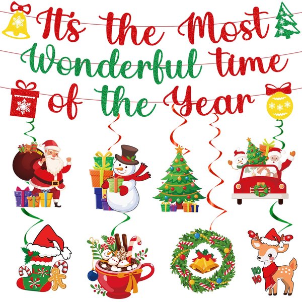 Hokinaa Merry Christmas Party Decorations - 11 Pcs It's The Most Wonderful Time of The Year Banner Xmas Holly Snowflake Hot Cocoa Hanging Swirl Streamers for Happy Winter Holiday Indoor Decor Supplies