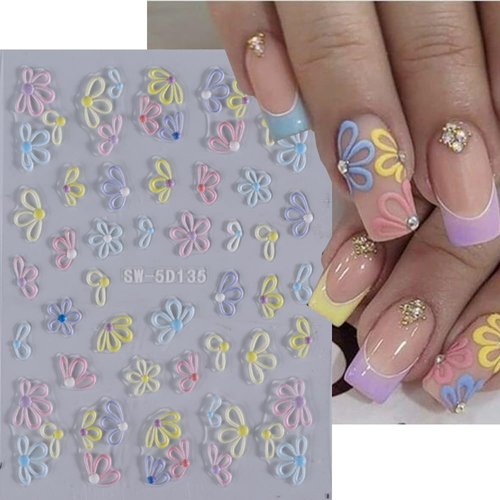 Generic 5D Flower Nail Stickers for Nail Art Self-Adhesive Daisies Design Nail Decals Personalized yellow blue white Flowers Nail Art Stickers Nail Stickers for Women DIY Manicure Tip 3 Sheets