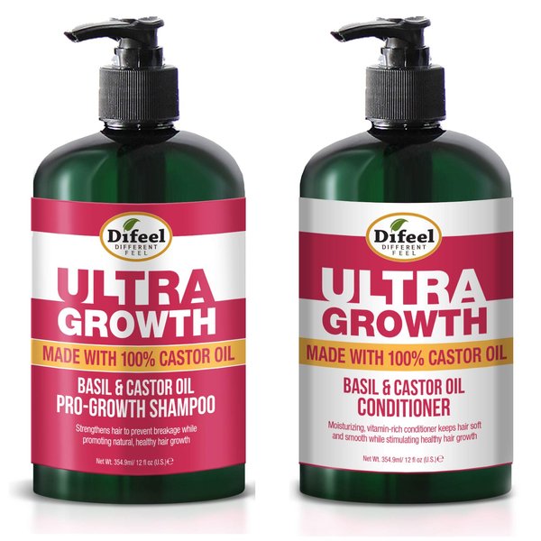 Difeel Ultra Growth Shampoo and Conditioner Set - Includes 12 oz Each of Shampoo and Conditioner, Promotes Growth, Ideal for Thinning Hair, Basil Scent, 2 Count