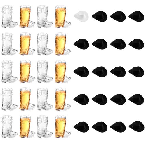 Sumind 40 Pieces Cowboy Cowgirl Party Decorations Supplies Included 20 Plastic Mini Western Cowboy Hats and 20 Pcs 1 oz Miniature Cowboy Boot Shot Glasses for Cowboy Birthday (Black, White, Clear)