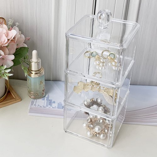 BLVRYVIO Hair Accessories Organizer for Girls, Clear 3 Stackable Acrylic Hair Tie Organizer for Headband, Bows, Cotton Swab Organization, Bathroom Containers Hair Clip Holder Storage with Lids
