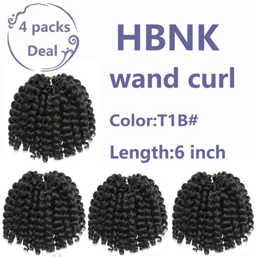 HBNK Jamaican Bounce Crochet Hair-4 Packs 6 Inch Wand Curl Crochet Hair For Black Women (6 Inch (Pack of 4), 1B)