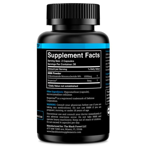 Black Forest NMN Supplements 1000mg (Nicotinamide Mononucleotide) 99% Pure, Stabilized Form, BioPerine® for Enhanced Bioavailability (60 Capsules) (NMN 1000mg per Serving) NAD Supplement for NAD